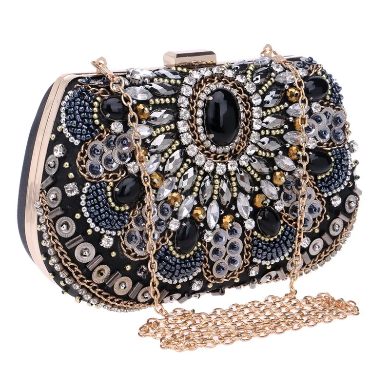 YNSSK Silver Sequin Black Crystal Clutch Bag with Chain Side View