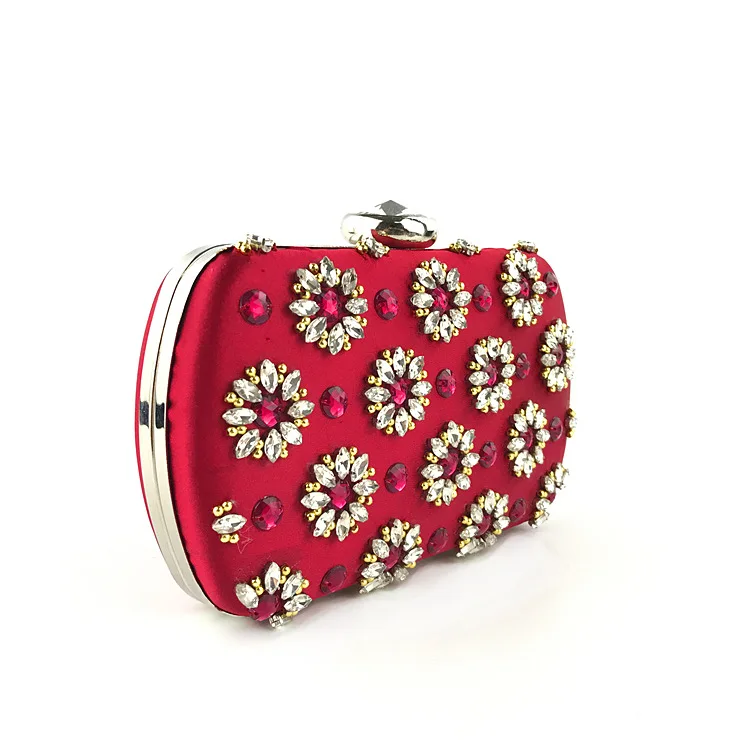 YNSSK Rhinestone Floral Red Satin Evening Bag Side View
