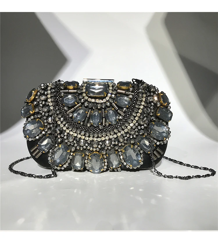 YNSSK Black Crystal Clutch Evening Bag Front View