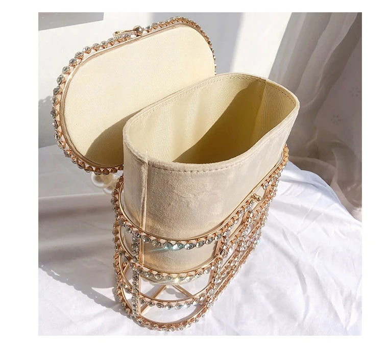 YNSSK Sparkling Metal Case Drawstring Basket Clutch Bag Apricot Color Inside View
