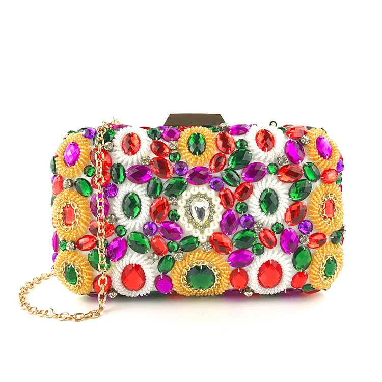 YNSSK Rainbow Beads and Crystal Clutch Bag with Chain Front View