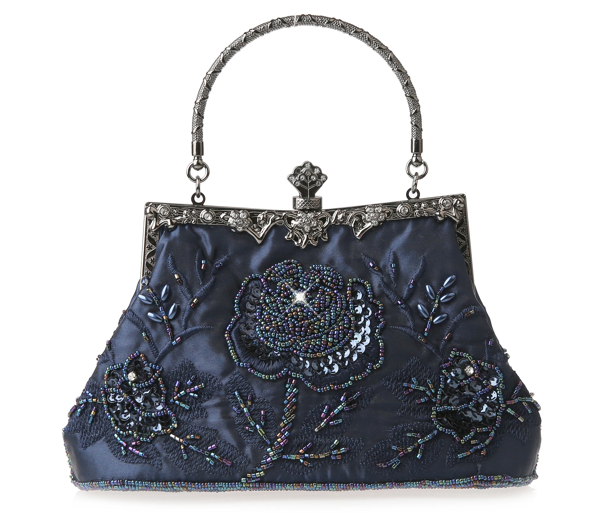YNSSK Navy Vintage Embroidered Clutch Front View