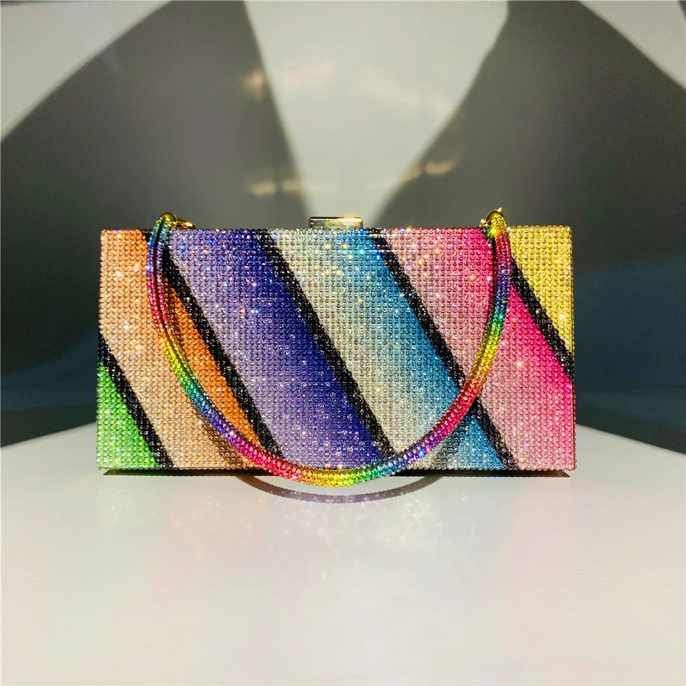 Front View of YNSSK Rectangular Rainbow Evening Bag with Handle in Slashed Color Bar