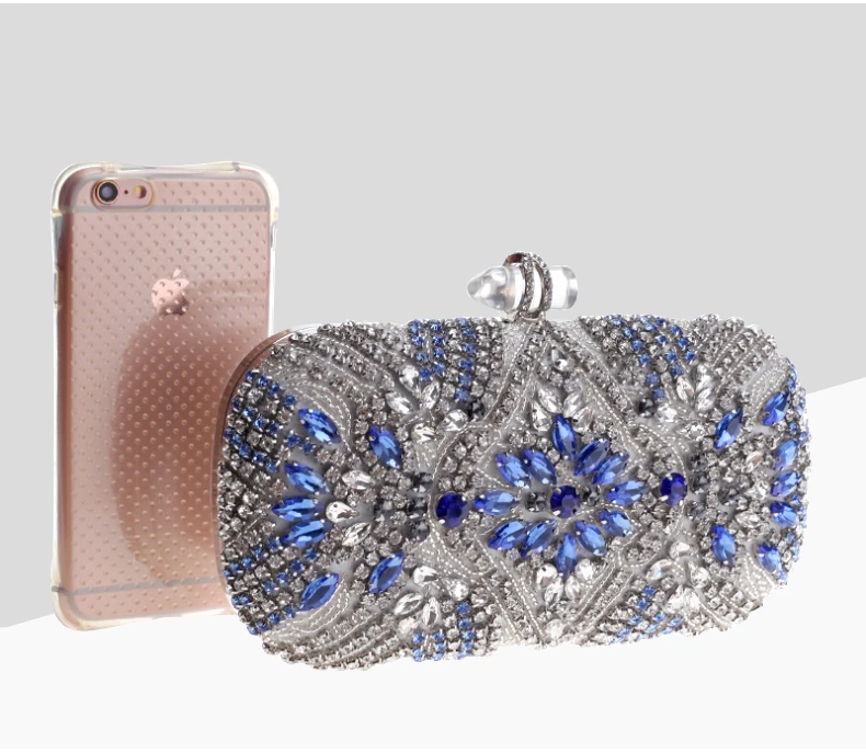 YNSSK Navy Silver Rhinestone Blue Evening Clutch Purse Front View