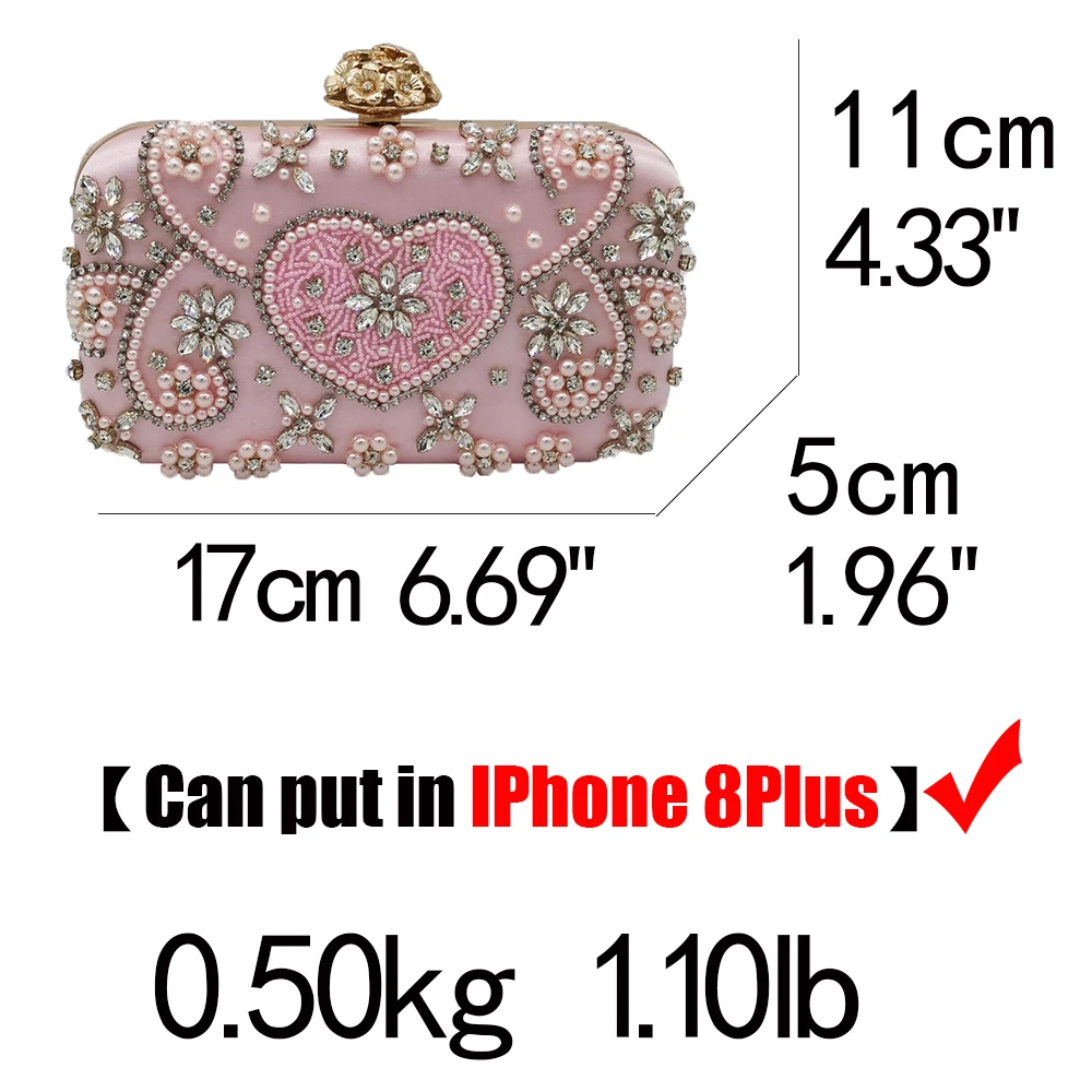 YNSSK Bead and Rhinestone Embellishment Pink Satin Clutch Bag Size