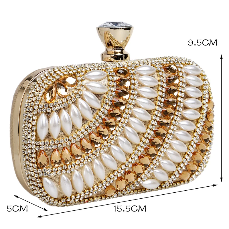 YNSSK Rhinestone and Beads Embellished Gold Clutch Bag Size