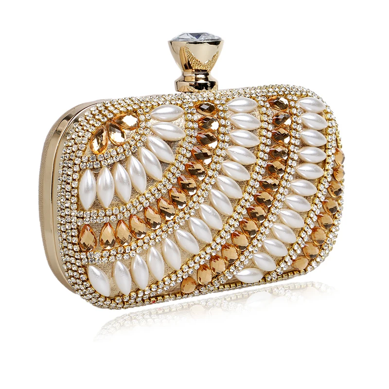 YNSSK Rhinestone and Beads Embellished Gold Clutch Bag Side View