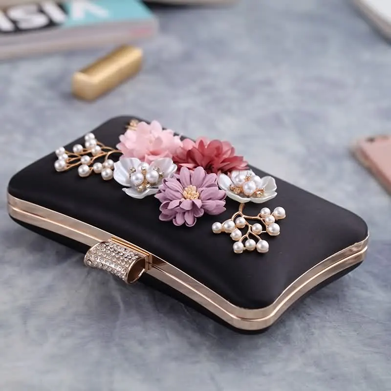 YNSSK Black Floral Velour Clutch Bag for Wedding Top View