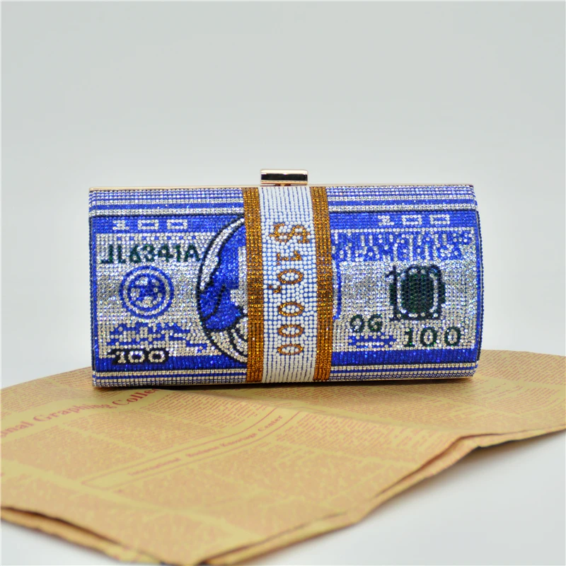 YNSSK $100 Dollar Clutch Rhinestone Purse Blue Color Front View