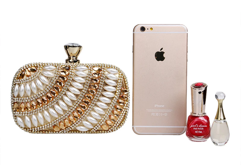 YNSSK Rhinestone and Beads Embellished Gold Clutch Bag Size Compare with iPhone