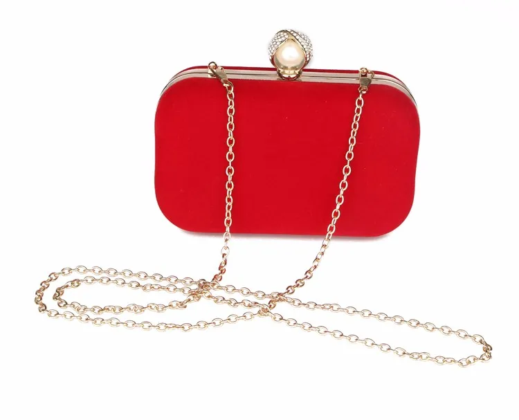 YNSSK Small Pure Red Velvet Clutch Box Bag with Chain Front View