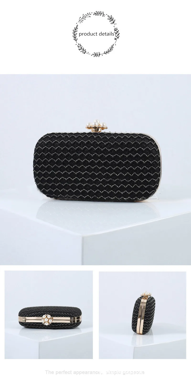 YNSSK Black Sequin Corrugated Evening Bag Front View