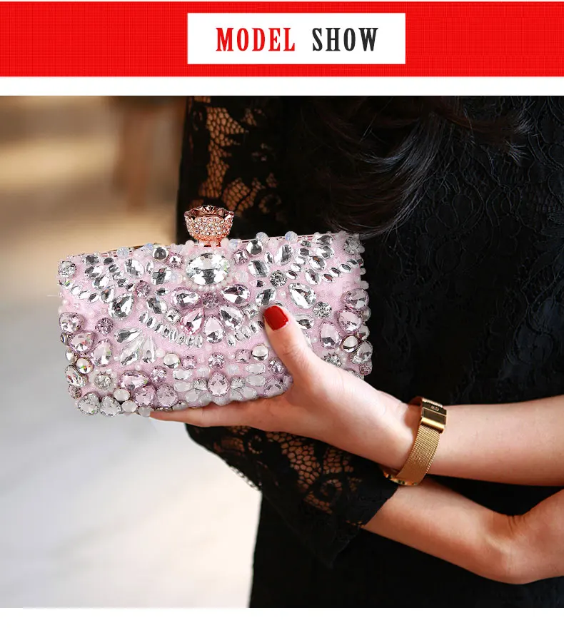 YNSSK Pink Sparkly Crystal Clutch Bag Model  Display