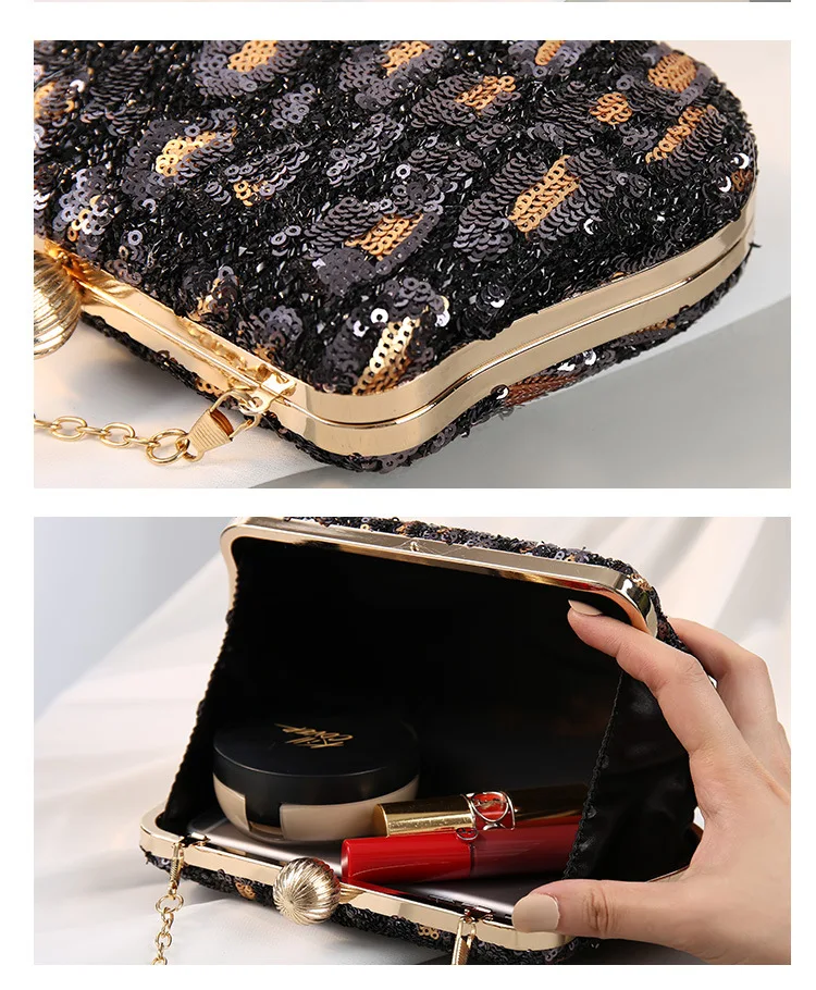 YNSSK Black Leopard Print Clutch Bag With Chain Inside Detail View