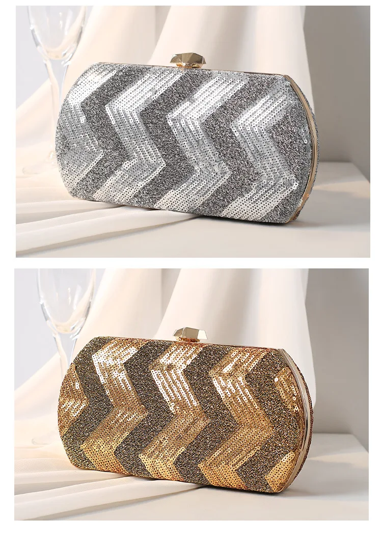 YNSSK Silver. Gold Color Sequin Stripe Clutch Bag Front View