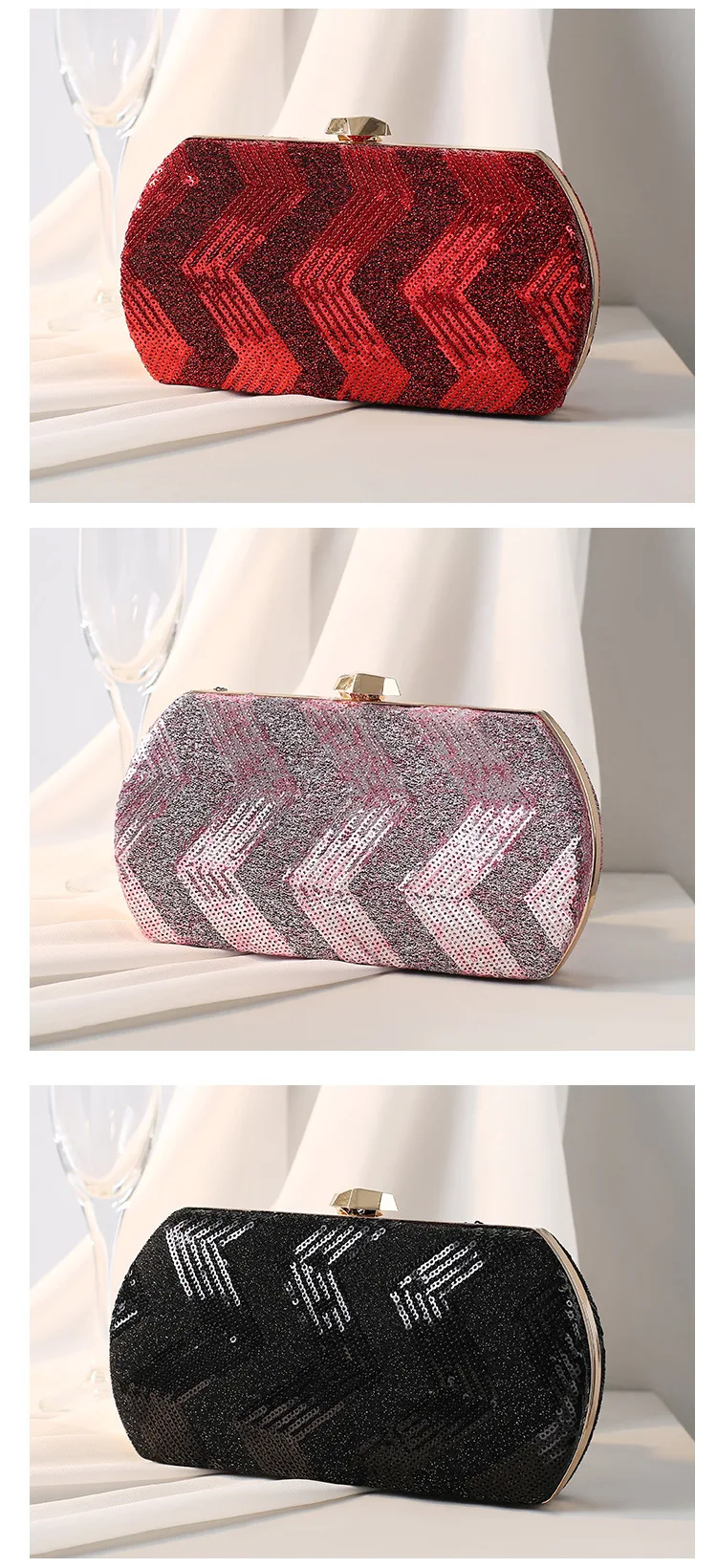 YNSSK Red. Pink. Black Color Sequin Stripe Clutch Bag Front View