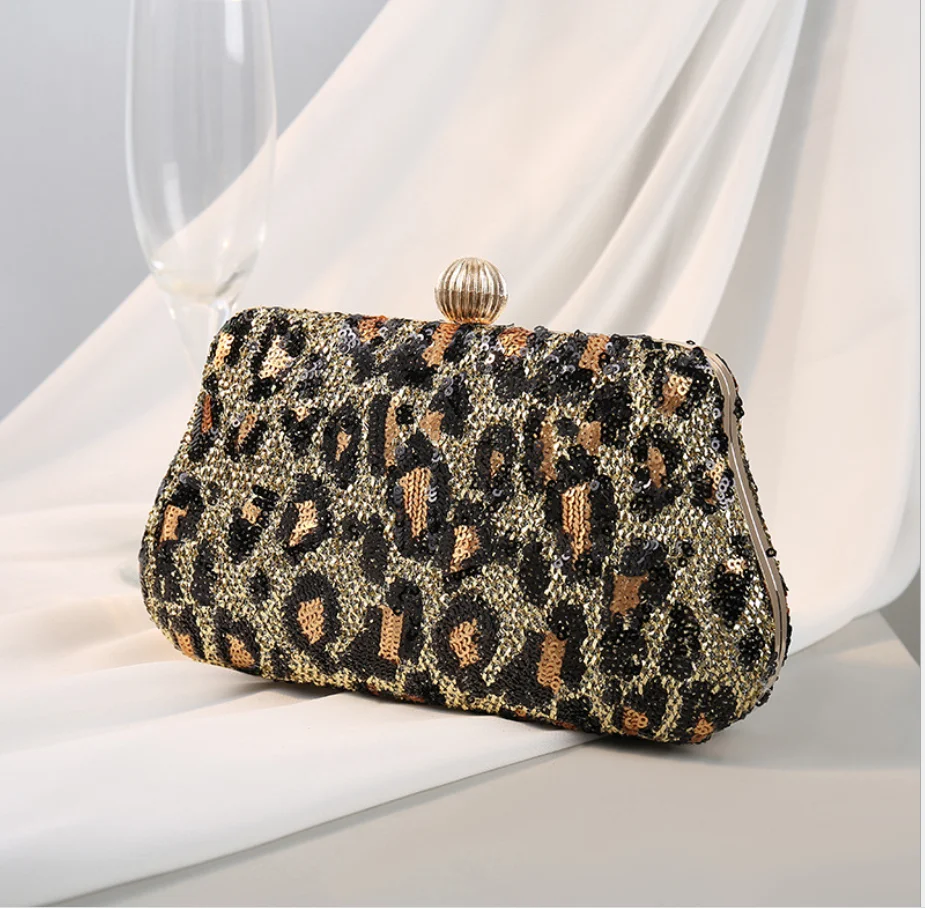 YNSSK Gold Leopard Print Clutch Bag With Chain Front View