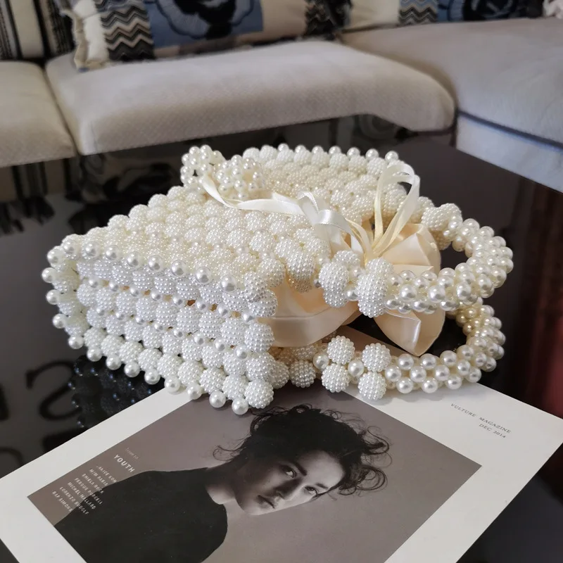 YNSSK Beige Beads Drawstring Clutch Bag For Wedding Side View