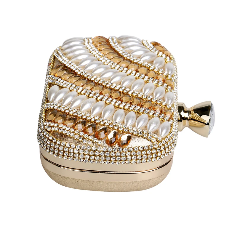 YNSSK Rhinestone and Beads Embellished Gold Clutch Bag Side View