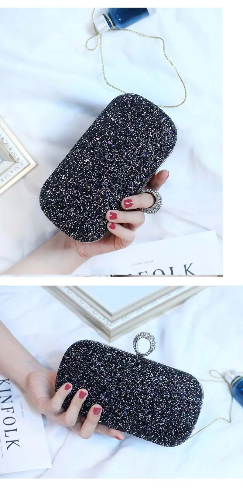 YNSSK Black Sequin Clutch Bag Front View