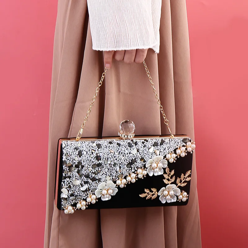 YNSSK Black Floral Beads Clutch Bag Model Display View