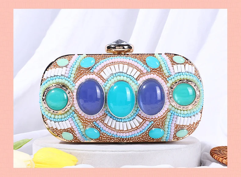 YNSSK Blue Gem Boho Beads Evening Clutch Bag Front View