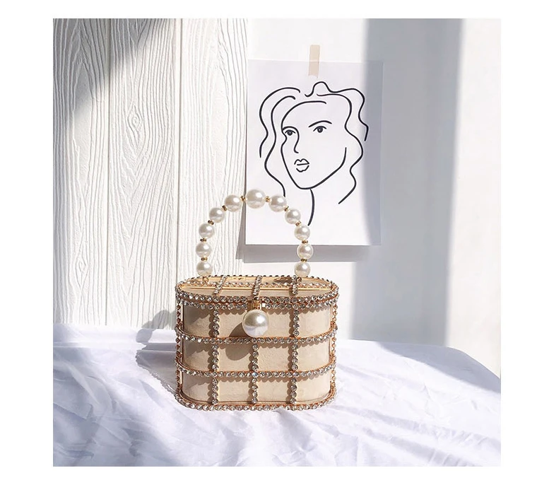 YNSSK Sparkling Metal Case Drawstring Basket Clutch Bag Apricot Color Front View