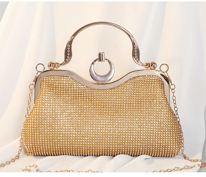 YNSSK Sparkling Gold Clutch Bag With Metal Handle Front View