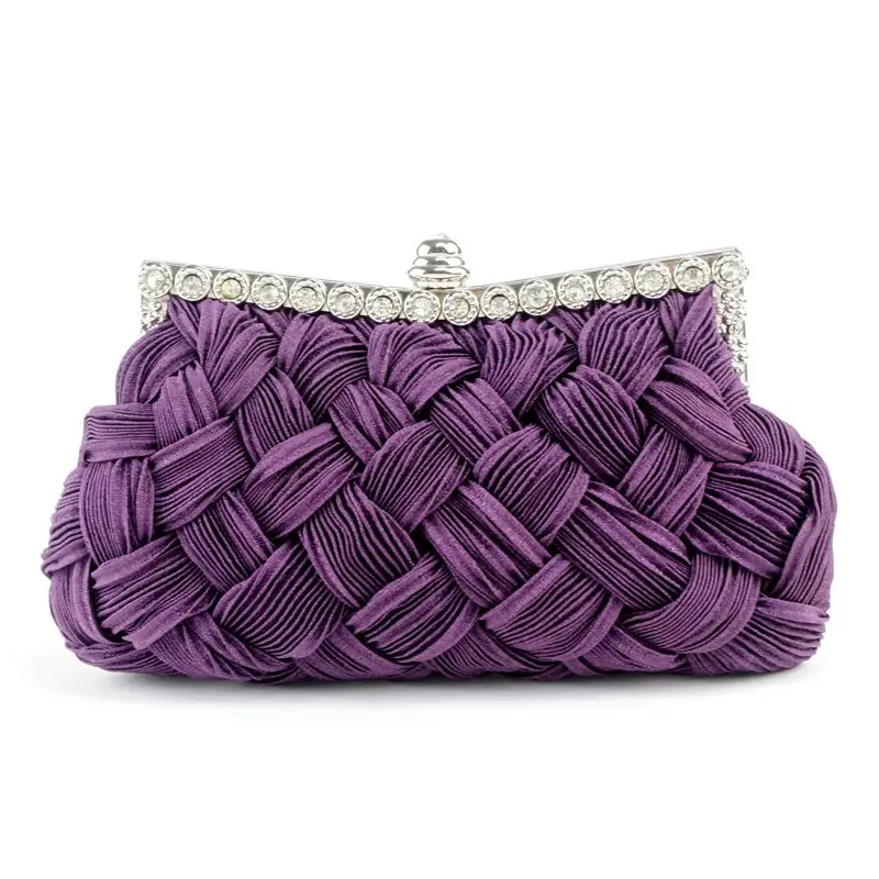 YNSSK Purple Rhinestone Braided Soft Clutch Bag Front View