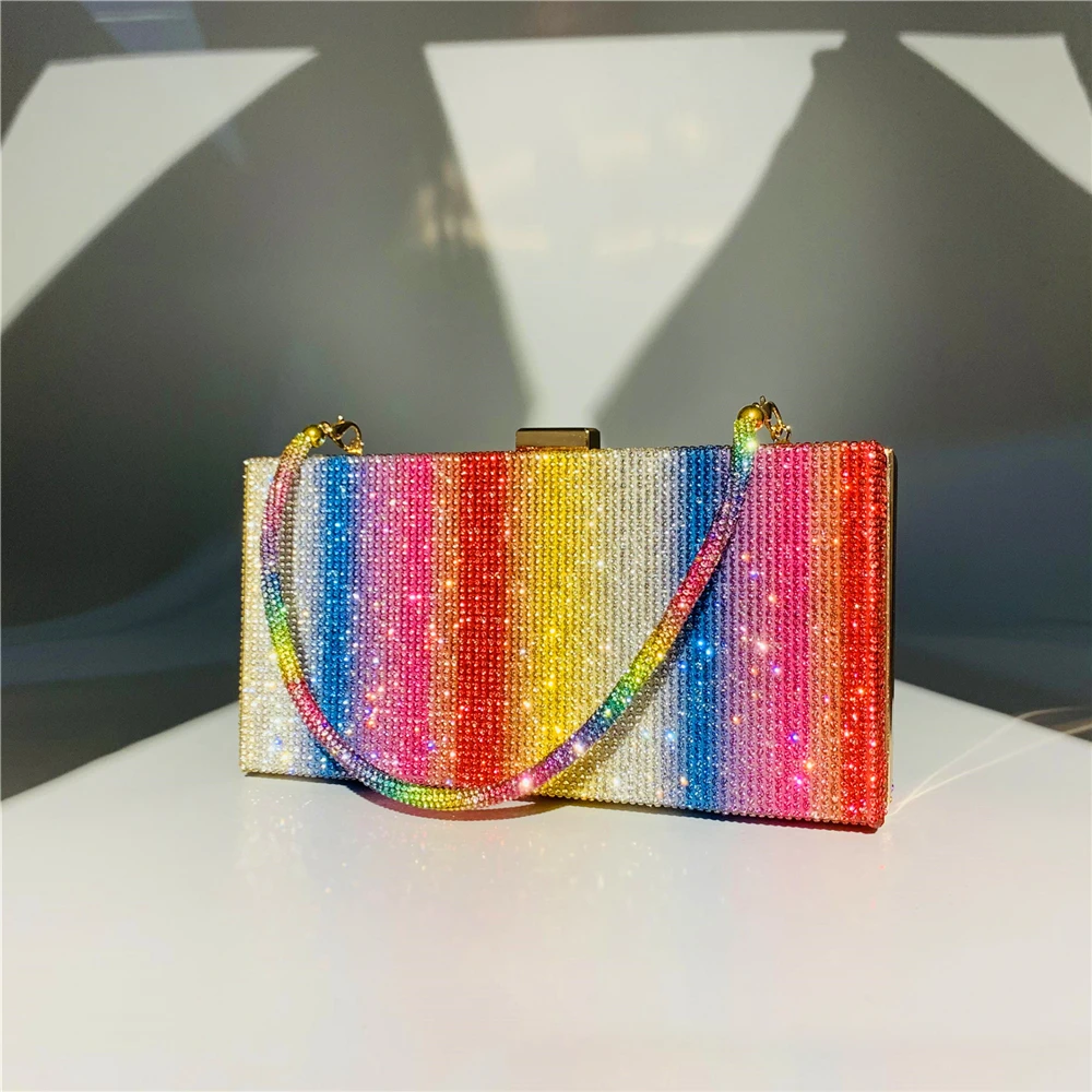 Front View of YNSSK Rectangular Rainbow Evening Bag with Handle in Red Main Color