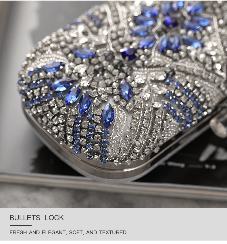 YNSSK Navy Silver Rhinestone Blue Evening Clutch Purse Surface