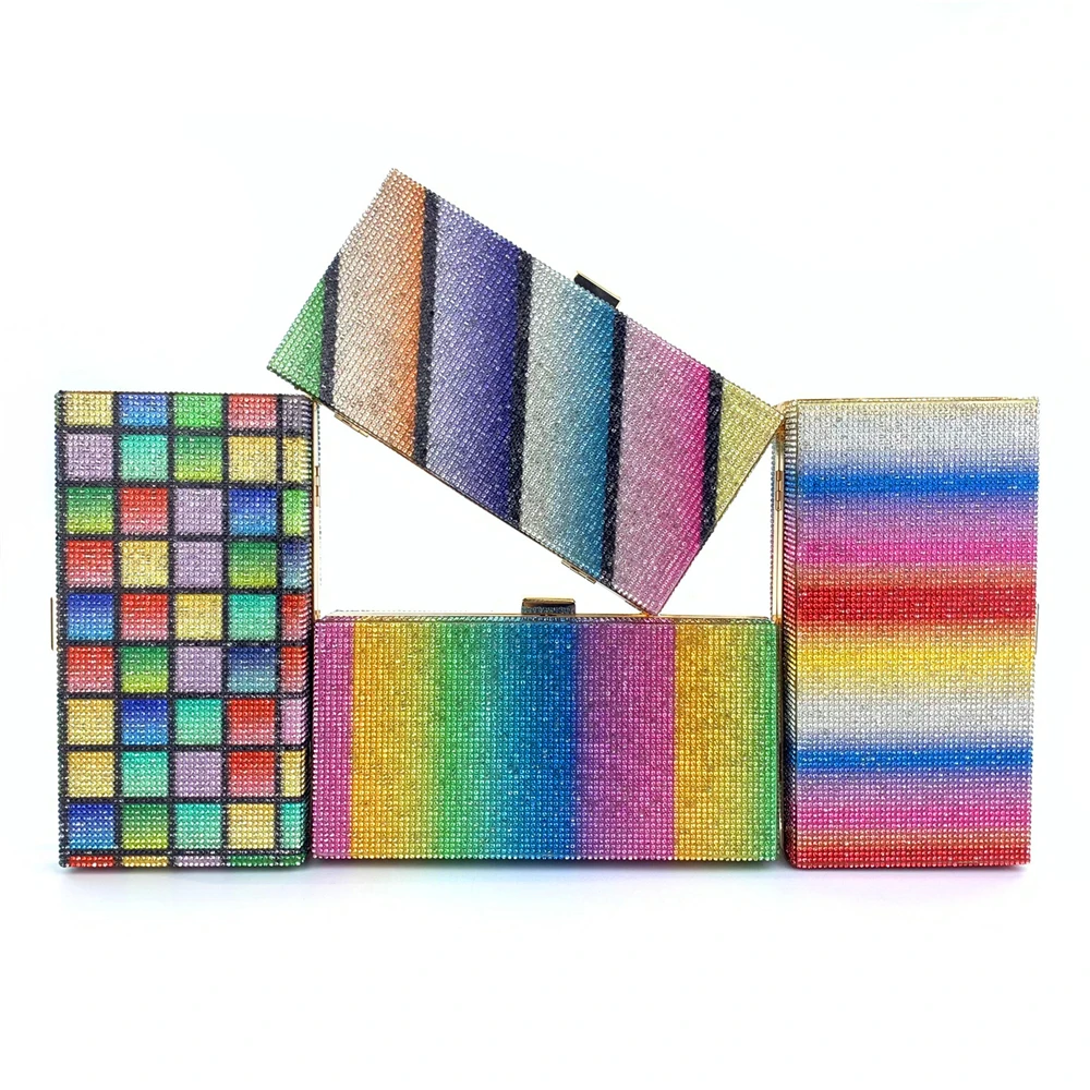 Front View of Various Styles of YNSSK Rectangular Rainbow Evening Bag with Handle