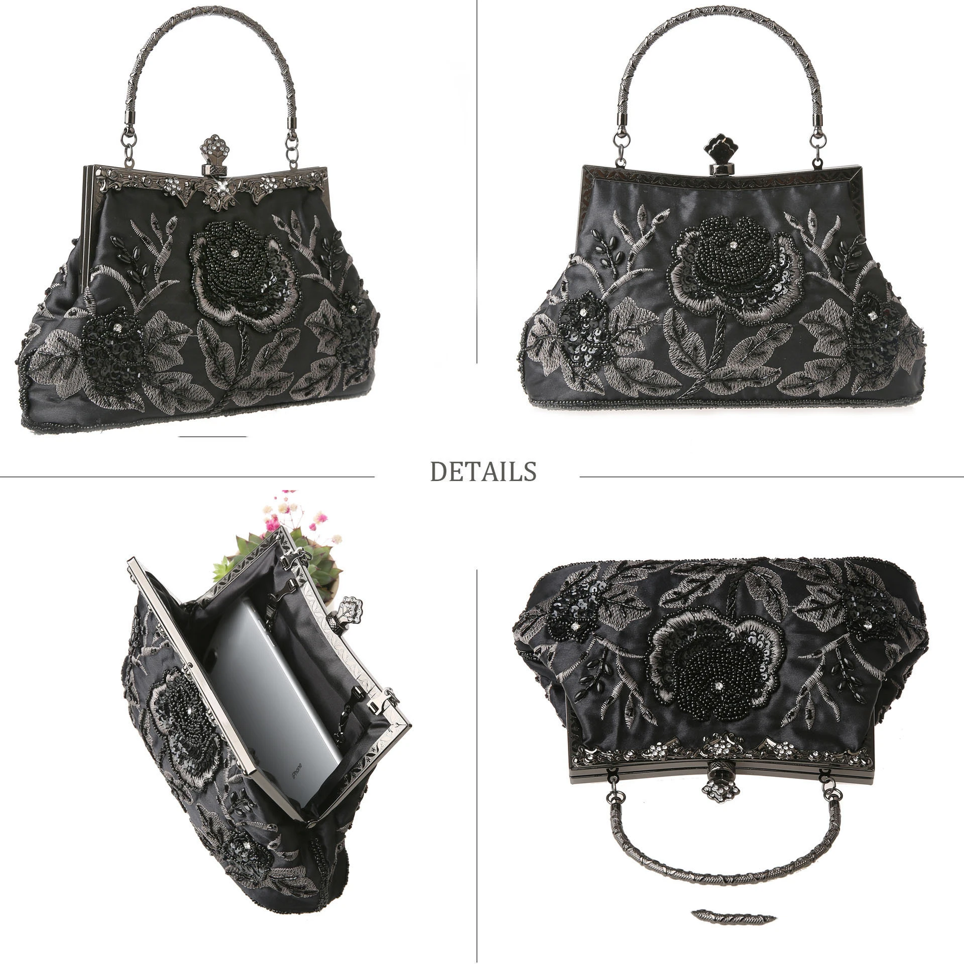YNSSK Black Vintage Embroidered Clutch Side and Inside View