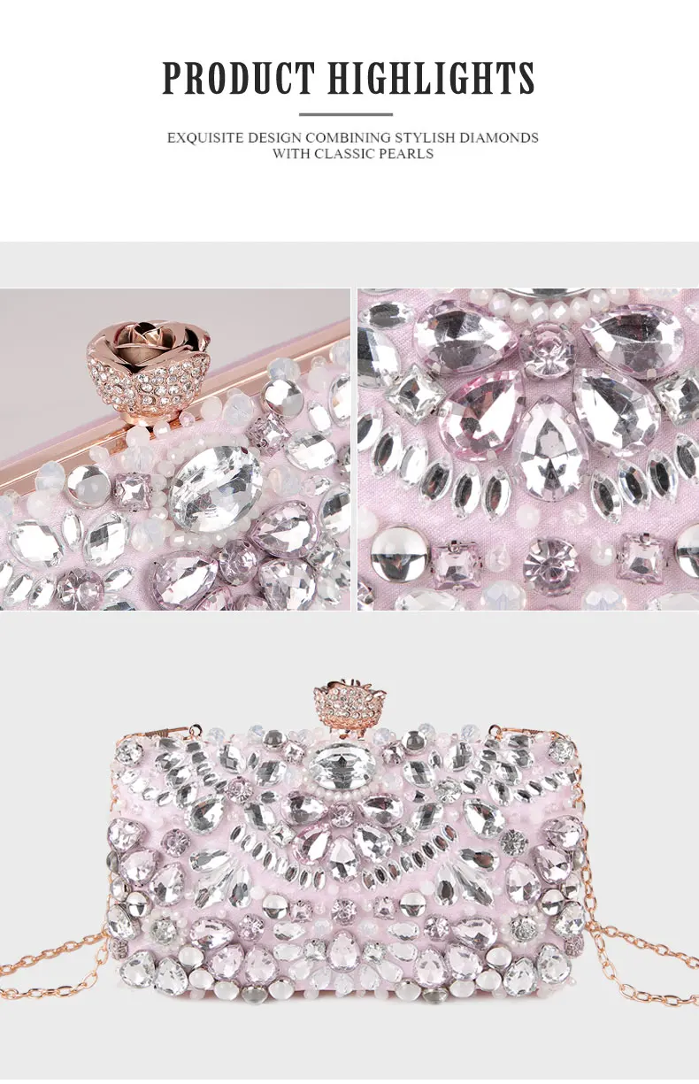 YNSSK Pink Sparkly Crystal Clutch Bag Details