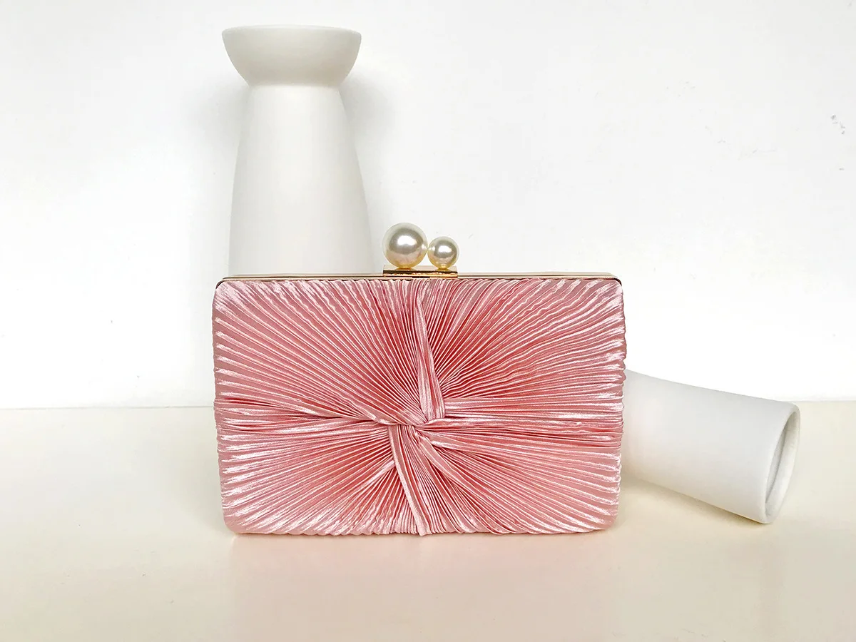 YNSSK Pink Pleated Velvet Clutch Bag Front View