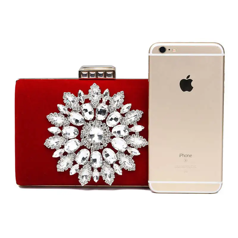 YNSSK Sparkling Floral Red Velvet Clutch Bag Size Compare with iPhone
