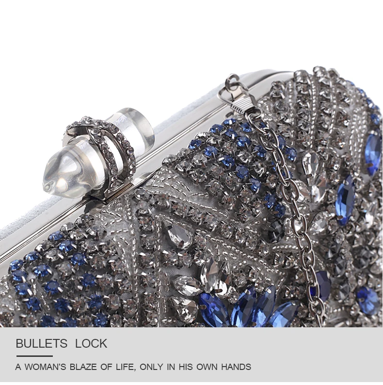 YNSSK Navy Silver Rhinestone Blue Evening Clutch Purse Snap