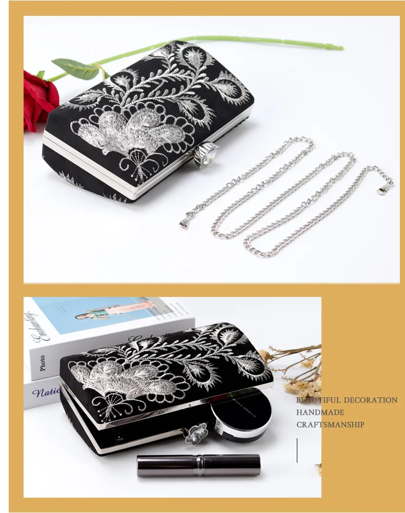 YNSSK Embroidered Black Clutch Purse Side and Top View