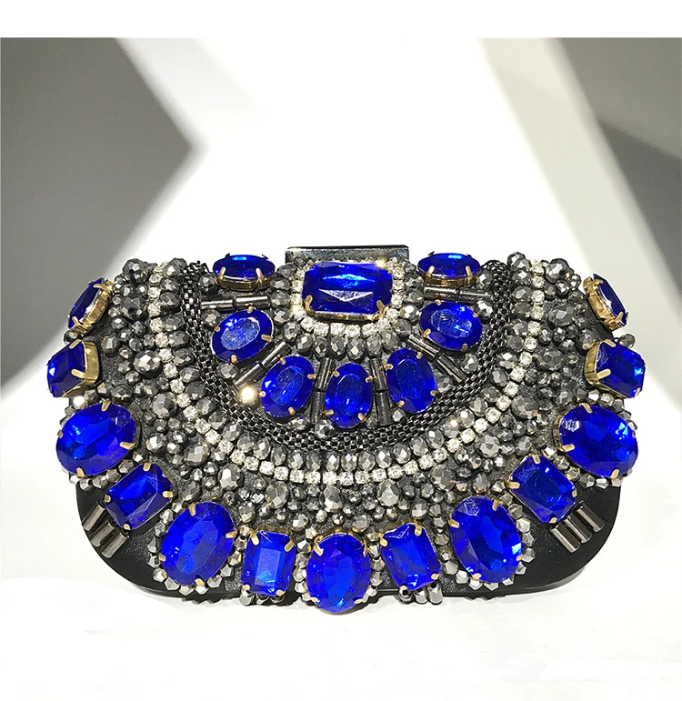 YNSSK Blue Crystal Clutch Evening Bag Front View