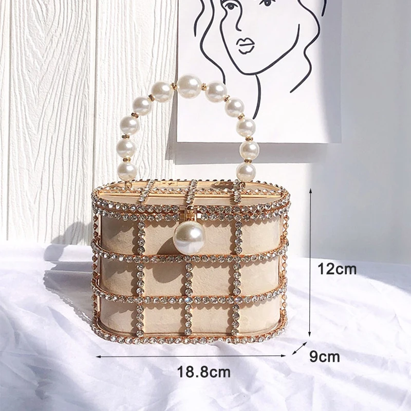 YNSSK Sparkling Metal Case Drawstring Basket Clutch Bag Apricot Color Size