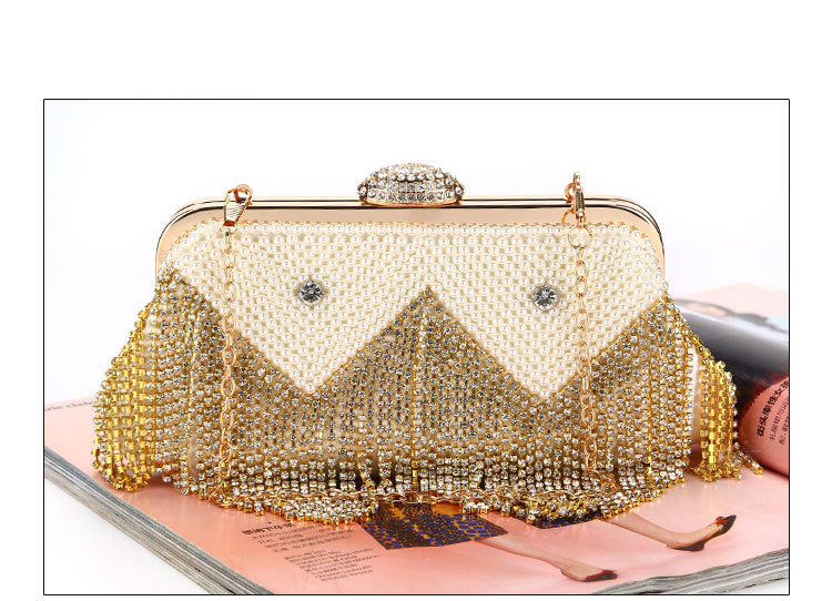 YNSSK Gold Tassel Rhinestone Clutch Bag Front View