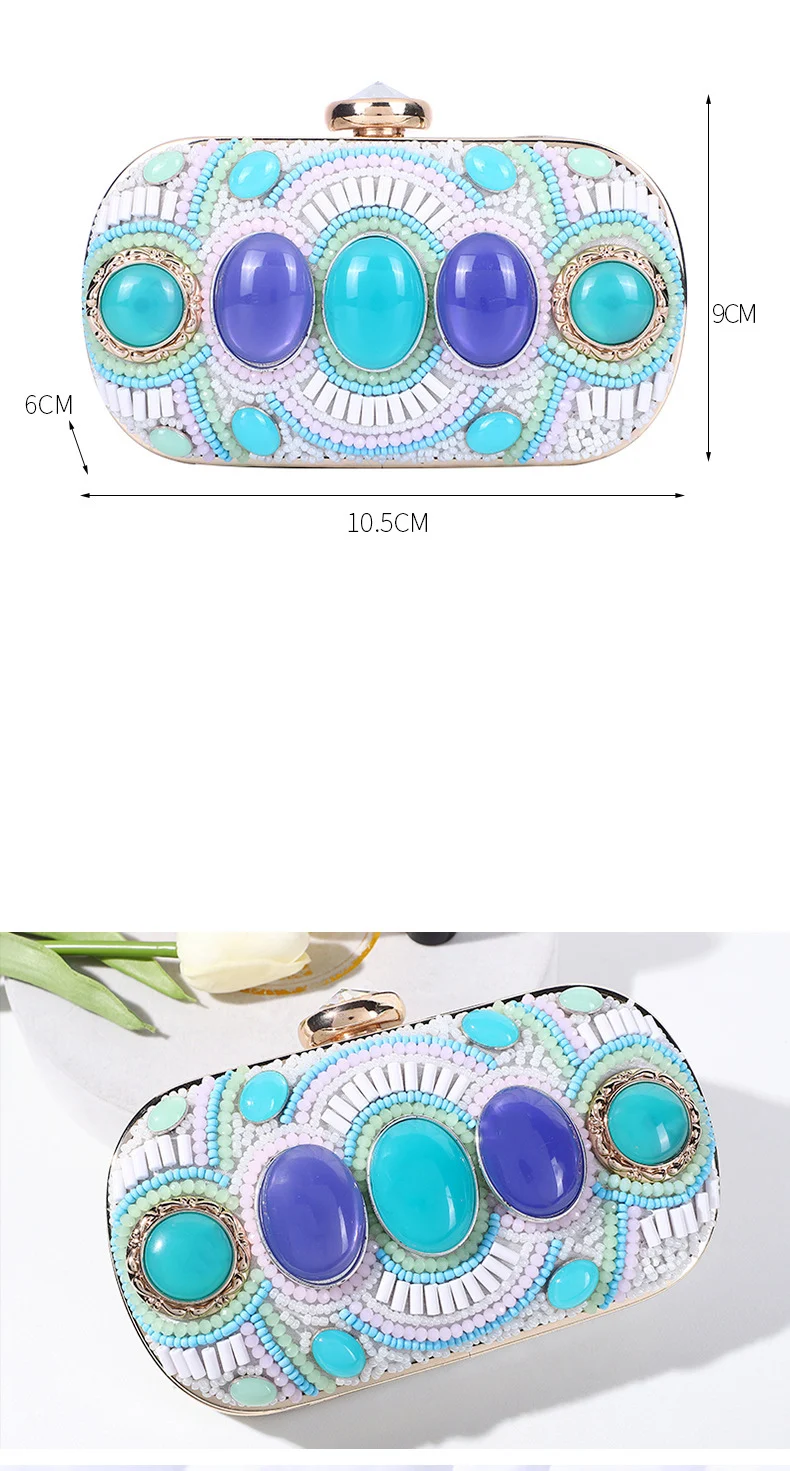 YNSSK Blue Gem Boho Beads Evening Clutch Bag Size