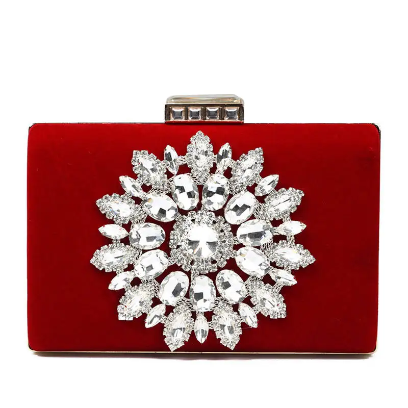 YNSSK Sparkling Floral Red Velvet Clutch Bag Snap Front View