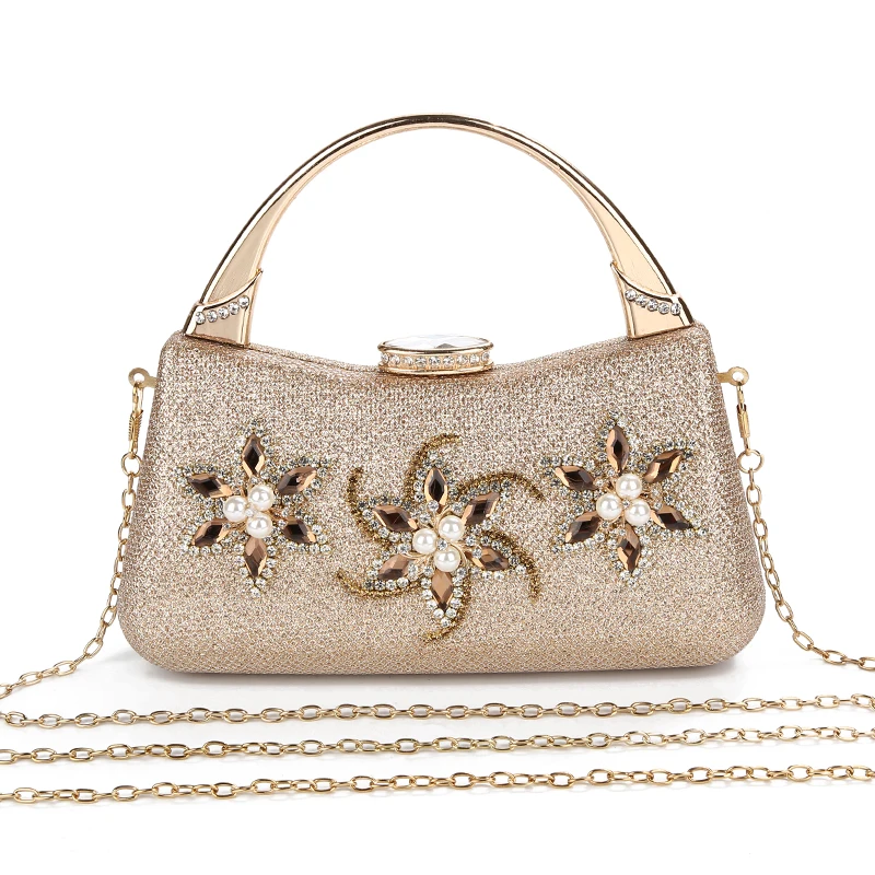 YNSSK Champagne Clutch Bag With Metal Handle with Chain Front View