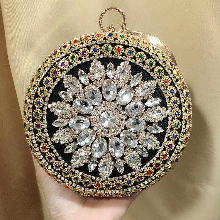 Front View of Black YNSSK Round Rhinestone Evening Bag