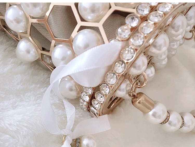YNSSK Pearl Metal Case Drawstring Velvet Basket Clutch Bag Apricot Color Surface Detail View