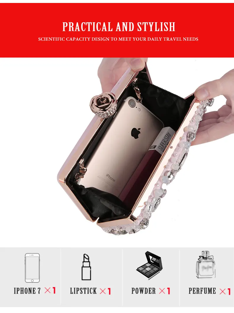 YNSSK Pink Sparkly Crystal Clutch Bag Inside View