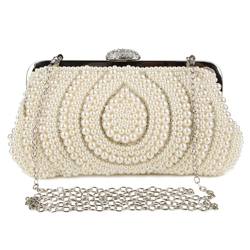 YNSSK Beige Beaded Bridal Clutch Bag for Wedding with Chain Front View