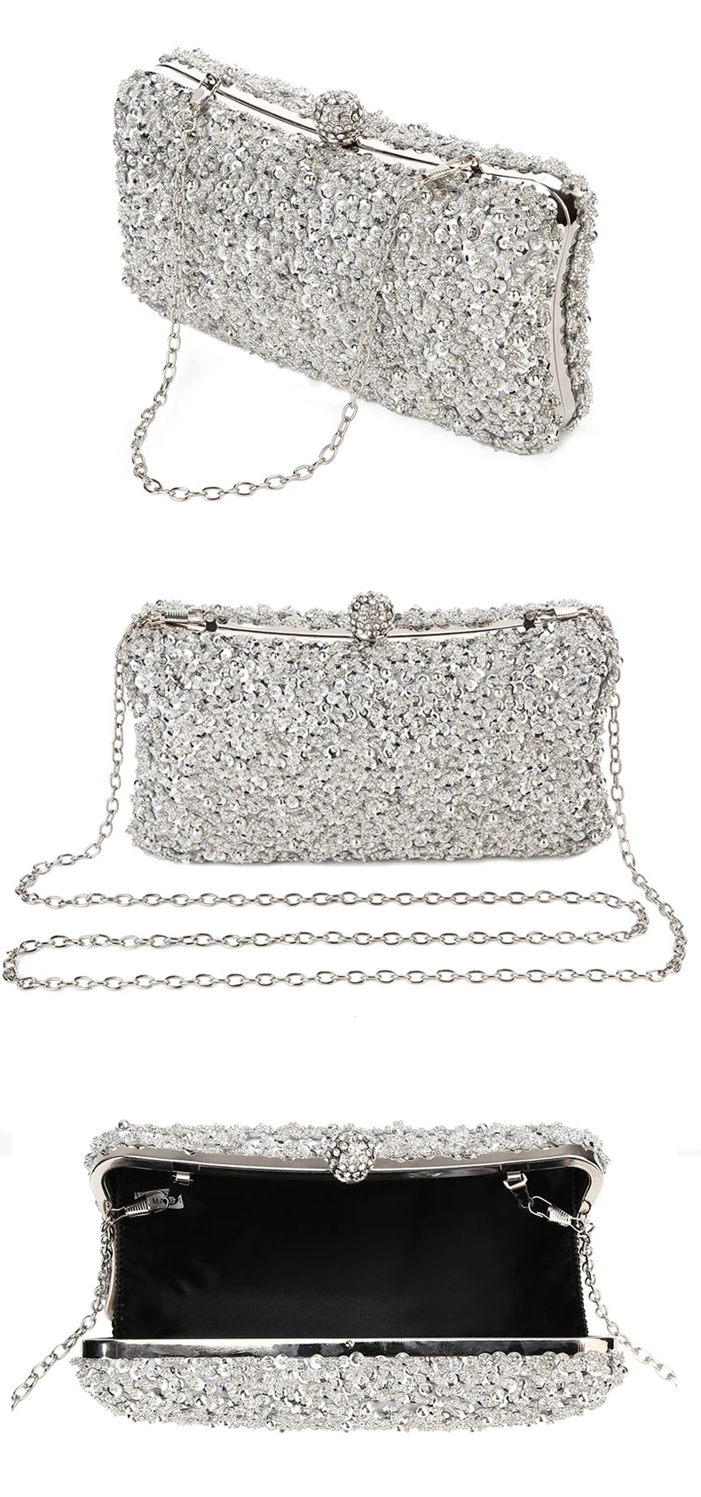 YNSSK Silver Sparkly Evening Bag Multi-angle Display View