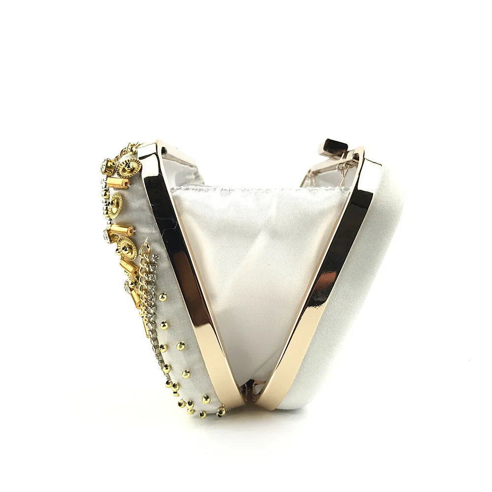 YNSSK Bead Embroidered Gold Satin Clutch Bag with Handle Side View